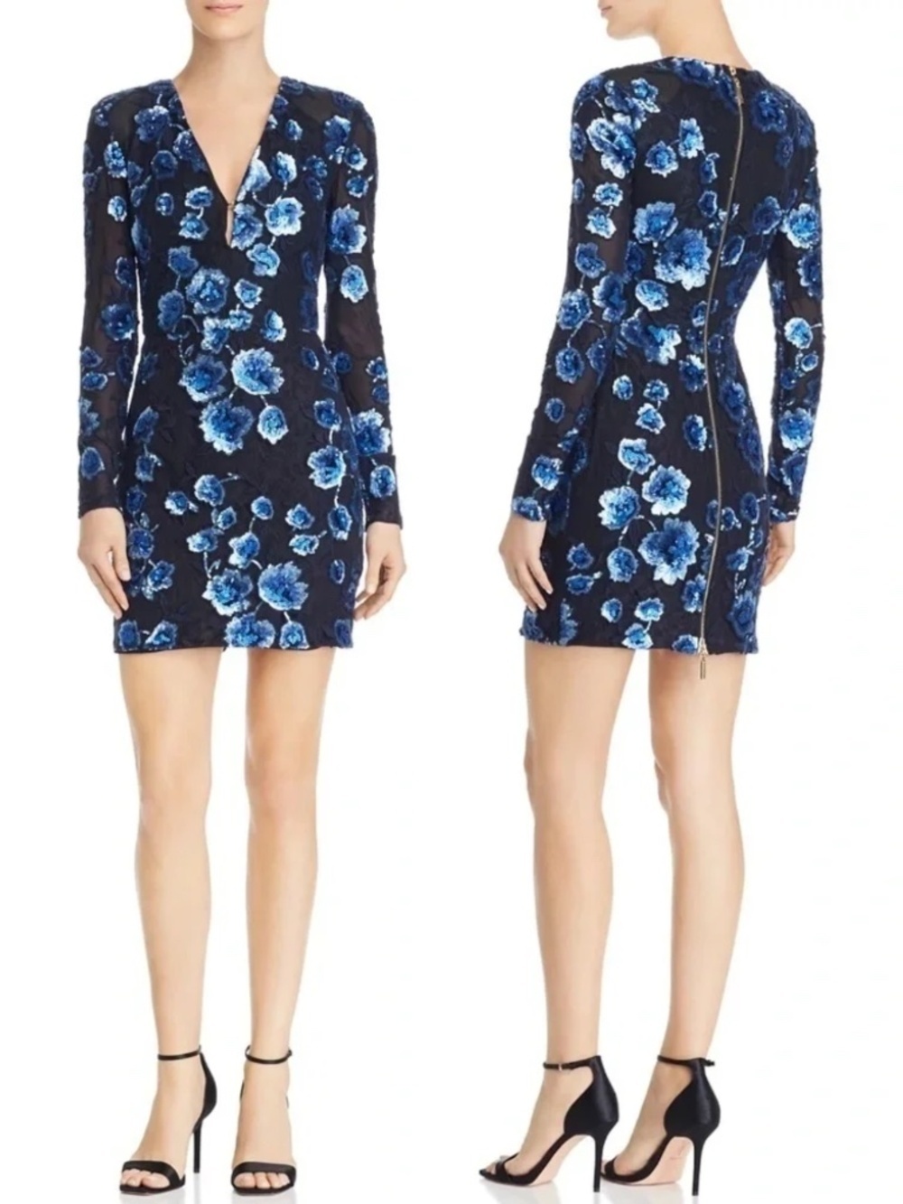 NWT Bronx and Banco Sapphire Sequined Floral Long Sleeve Mini Dress Sz. 6